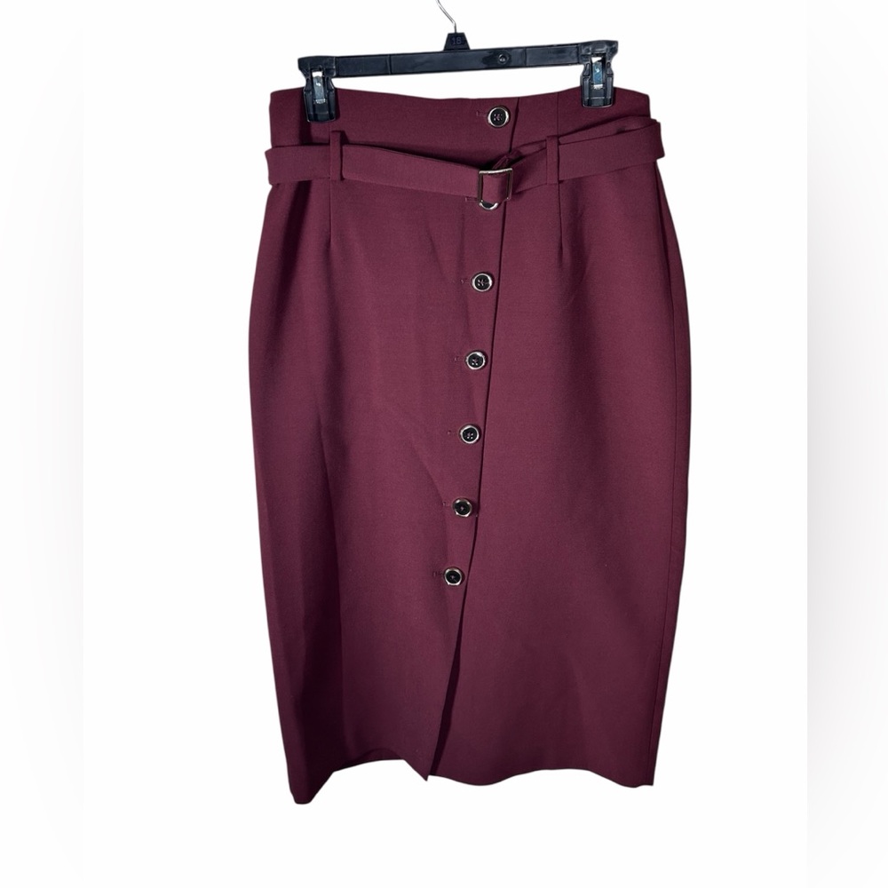 White House Black Market Burgundy Button-Front Pencil Skirt with Belt
